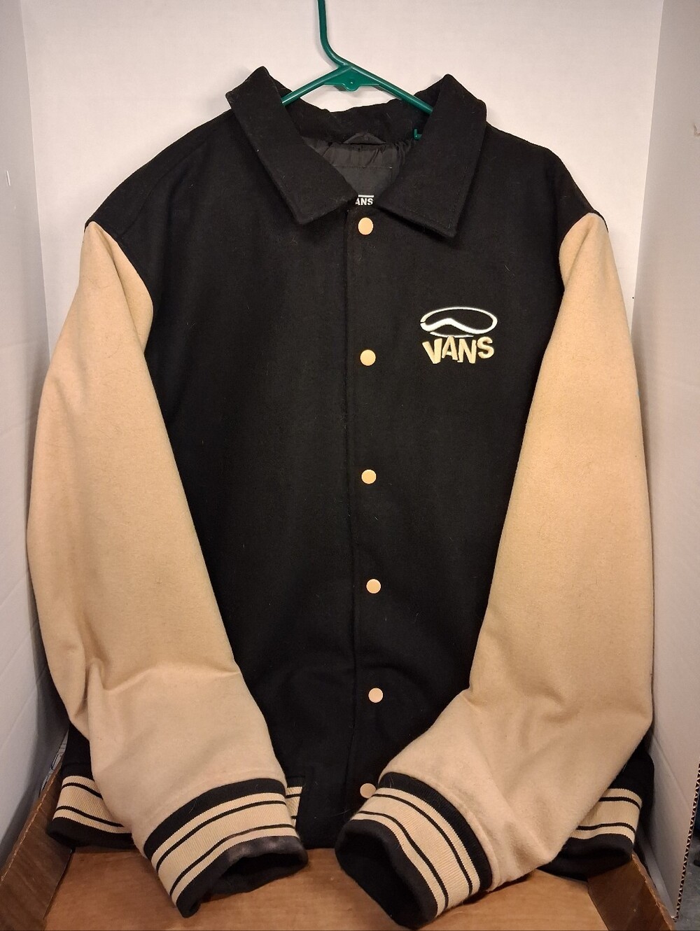 Vans Mens Black Beige Long Sleeve Logo Collared Thomas Varsity Jacket Size XL